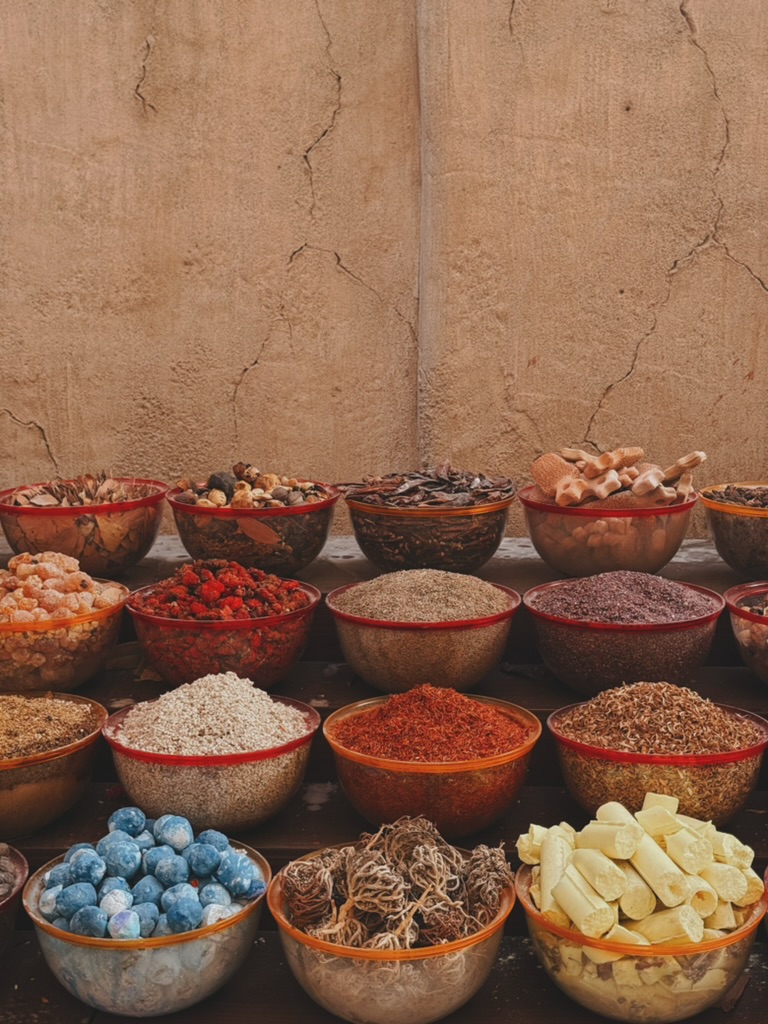 Rows of bowls holding spices, dried herbs, resins and soaps against a weathered clay wall